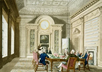 De administratiekamer van de Britse Admiraliteit. Gekleurde ets gepubliceerd op 1 januari