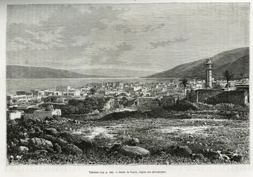 Algemeen uitzicht op Tiberiade (Israël). Gravure ter illustratie van het verhaal van het huidige Syrië door M. Lortet, decaan van de Faculteit Geneeskunde van Lyon, gepubliceerd in de Tour du monde