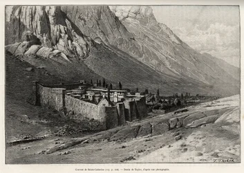 Het klooster van St. Catherine, Egypte. Gravure van Taylor ter illustratie van het verhaal 