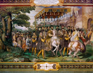 Francis I verwelkomt Karel V en kardinaal Alessio Farnese in Parijs, door Taddeo Zuccari (1529-1566), Palazzo Farnese, Caprarola, Italië
