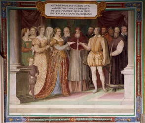 Italië, Lazio Regio, Caprarola (Viterbo Provincie), Farnese Paleis, Huwelijk van Ottavio Farnese met Margaretha van Oostenrijk door Taddeo Zuccari, fresco