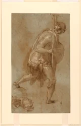 Soldaat rennend: Studie voor figuur in linker voorgrond, "Verraad van Christus," Rome, S. Maria della Consolazione, Matttei-kapel; aparte studies van twee hoofden