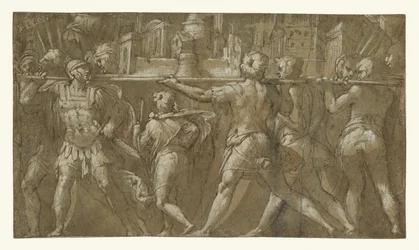 Soldaten die een model van een stad dragen