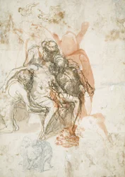Drie figuren die een man ondersteunen, kleinere schets van hetzelfde, en studies voor de verblinding van Elymas