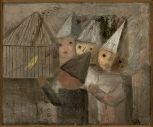 Kinderen voor een kooi met een kanarie