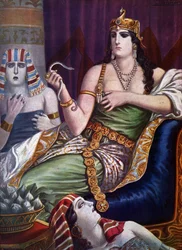 Egyptische oudheid: De dood van Cleopatra VII Thea Philopator (69-30 v.Chr.) zelfmoord door gebeten te worden door twee aspicslangen