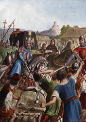 De begrafenisstoet van keizer Otto III van het Heilige Roomse Rijk (980-1002) brengt de resten door Italië naar Aken, vechtend tegen opstandige bevolkingen