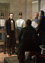 Het voorlezen van de veroordelingsbrief waarin Silvio Pellico (1789 - 1854) en Piero Maroncelli (1795 - 1846) worden veroordeeld tot opsluiting in de vesting Spielberg in Brno vanwege hun lidmaatschap van de Carbonari-beweging (Charbonnerie of carboneria)