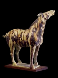 Chinese kunst: terracotta grafbeeldje met driekleurige glazuren van een hennend paard. Uit het graf van prinses Yong Tai (502-594 n.Chr.), Chensi. Tang-dynastie (618-907 n.Chr.)
