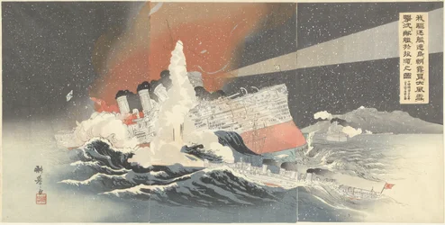 Onze torpedobootjagers Hayatori en Asagiri vernietigen vijandelijke schepen tijdens een sneeuwstorm in Port Arthur