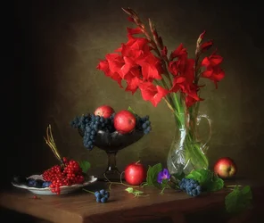 Gladiolen en rijp fruit