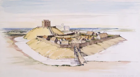 York Castle zoals het er kort na de bouw uitzag, met de Minster op de achtergrond, 1985