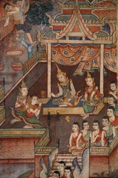 Detail van een muurschildering in de Viharn laikam bij Wat Phra Singh