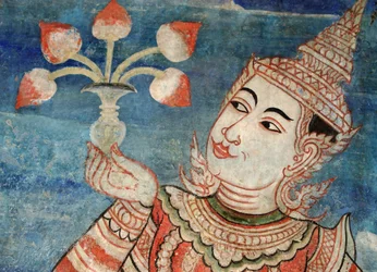 Detail van een muurschildering in de Viharn laikam bij Wat Phra Singh