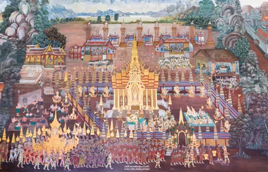 Muurschildering met scènes uit de Ramayana in Wat Phra Kaeo, het Koninklijk Paleis, Bangkok, Thailand