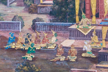 Muurschildering met scènes uit de Ramayana in Wat Phra Kaeo, het Koninklijk Paleis, Bangkok, Thailand