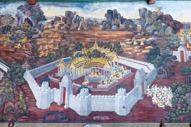 Muurschildering met scènes uit de Ramayana in Wat Phra Kaeo, het Koninklijk Paleis, Bangkok, Thailand