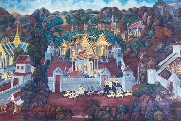 Muurschildering met scènes uit de Ramayana in Wat Phra Kaeo, het Koninklijk Paleis, Bangkok, Thailand