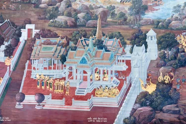 Muurschildering met scènes uit de Ramayana in Wat Phra Kaeo, het Koninklijk Paleis, Bangkok, Thailand