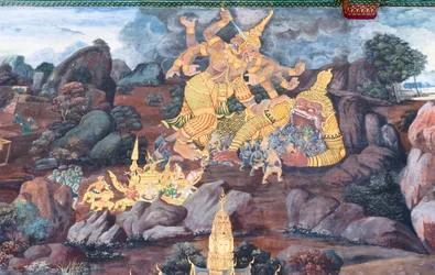 Muurschildering met scènes uit de Ramayana in Wat Phra Kaeo, het Koninklijk Paleis, Bangkok, Thailand