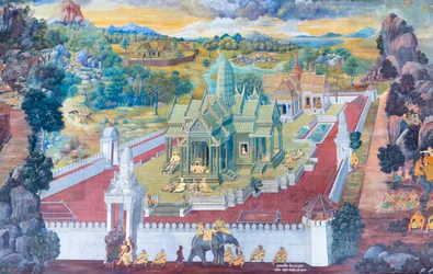 Muurschildering met scènes uit de Ramayana in Wat Phra Kaeo, het Koninklijk Paleis, Bangkok, Thailand