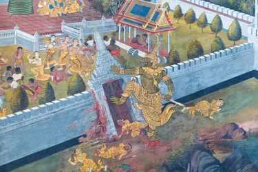 Muurschildering met scènes uit de Ramayana in Wat Phra Kaeo, het Koninklijk Paleis, Bangkok, Thailand
