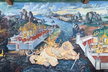 Muurschildering met scènes uit de Ramayana in Wat Phra Kaeo, het Koninklijk Paleis, Bangkok, Thailand
