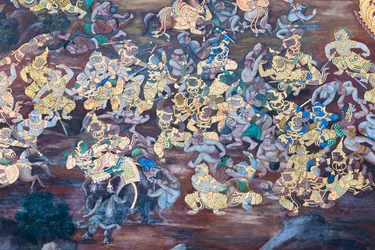 Muurschildering met scènes uit de Ramayana in Wat Phra Kaeo, het Koninklijk Paleis, Bangkok, Thailand