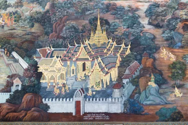 Muurschildering met scènes uit de Ramayana in Wat Phra Kaeo, het Koninklijk Paleis, Bangkok, Thailand