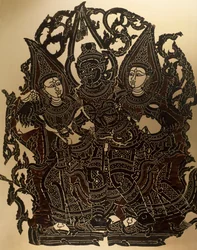 Scène uit het Nang Yai-schaduwpoppen-theater met Dasakantha en zijn vrouwen, gesneden leren paneel, Thailand, Thaise beschaving