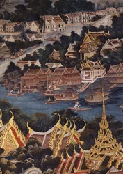 Uitzicht op het Koninklijk Paleis van Bangkok, de Chao Phraya-rivier en Tonburi, met houten Thaise huizen en bakstenen en stucwerk Chinese woningen, 1864