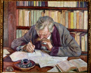 Portret van de Belgische dichter Emile Verhaeren aan zijn bureau