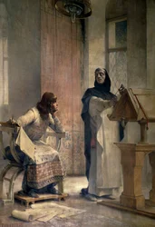 Lodewijk IX, voordat hij koning van Frankrijk werd, studeerde wiskunde bij Vincent de Beauvais, Dominicaanse broeder, in de abdij van Royaumont. Schilderij door Theobald Chartran. Parijs, La Sorbonne