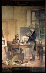 Paleontologie: «Baron Georges Cuvier (1769-1832) verzamelt documenten voor zijn werk over fossiele beenderen.» Fresco van Theobald Chartran (1849-1907). Universiteit van Parijs, Sorbonne