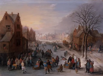 Een winterstadsgezicht met talrijke figuren