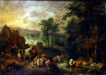 Bebost Landschap met Boeren en Wagens