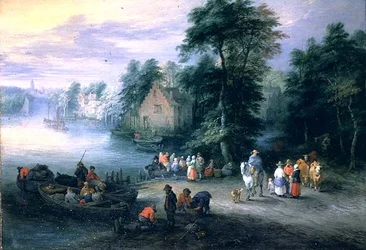 Bosrijk rivierlandschap met figuren en vee
