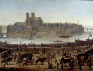 Le quai et le pont de la Tournelle à Paris (detail). Uitzicht op de dokken en het eiland La Cité. Toegeschreven aan Theodor Matham (1646) Parijs, musee Carnavalet