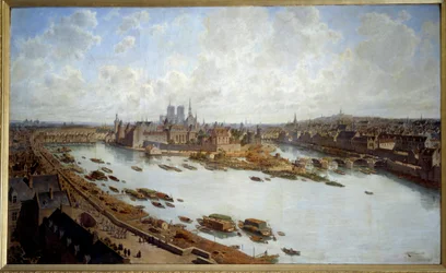 Panoramisch uitzicht op Parijs en het Île de la Cité in 1588 vanaf de daken van het Louvre, de Pont Neuf in aanbouw, schilderij van Théodore Joseph Hubert Hoffbauer (1839-1922), 1890