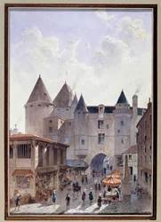 Uitzicht op de Grand Chatelet vanaf Rue Saint Denis in Parijs Aquarel door Theodor Joseph