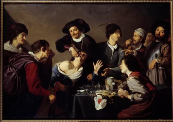 De Tandentrekker Een Tandarts omringd door zijn Assistenten en Instrumenten Trekt een Tand van een Patiënt