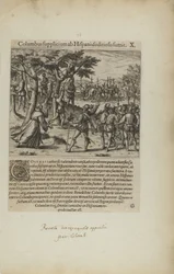 Columbus Supplicium ab Hispanis Seditiosis Sumit. X. (uit boek, Americae, deel vier)