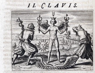 Symbolische compositie van de alchemie, een naakte jonge man, gevleugeld en gekroond, zwaait met twee caducees, omringd door de Maan en de zon, tegenover gewapende mannen met zwaarden die een adelaar en een slang dragen - Gravure door Theodore de Bry (1528