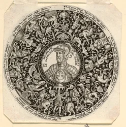 Ontwerp voor een gegraveerde tazza met een portret van de hertog van Alba als commandant van de dwaasheid