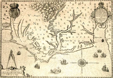 Kaart van 1590 gegraveerd door Theodore de Bry naar aquarel van de Engelse kolonist John White, gouverneur van Roanoke. Virginia en kust met kleine eilanden en Roanoke aan de monding van de rivier. Secotan en Weapemeoc inheemse gebieden.