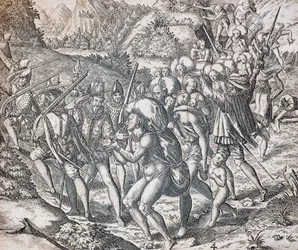 Inboorlingen worden aan boord van schepen gebracht om als slaven naar Sevilla te worden gebracht