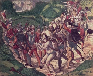 De wreedheid van Petrus de Calyce: Indiaanse slaven in Peru mishandeld door Spaanse soldaten (gravure)