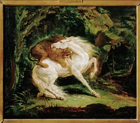 Cheval attaque par un lion - een paard aangevallen door een leeuw, naar een ets van Laurie en een schilderij van George Stubbs ...