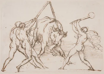 Drie mannen die een stier uitdagen