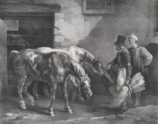 Twee postpaarden bij de deur van een stal